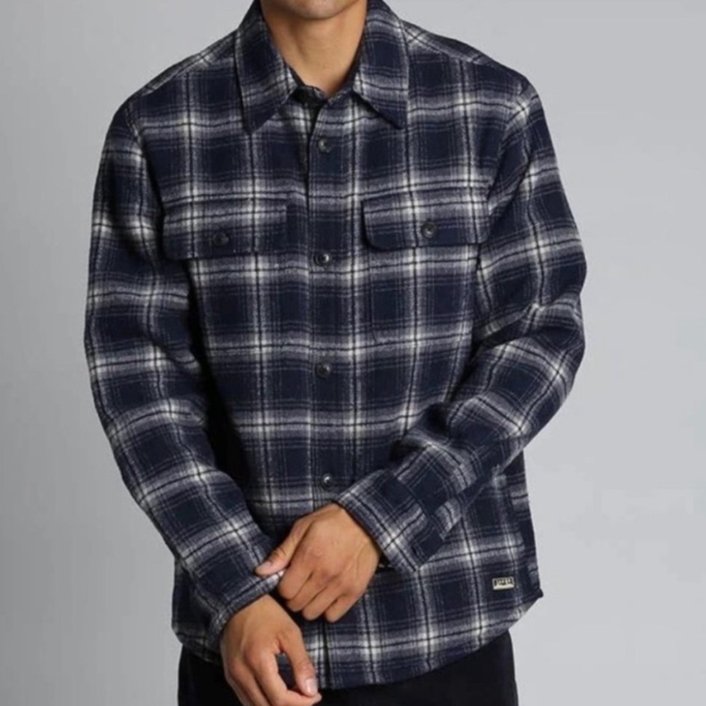 JACHS Men's Plaid Thick Quilted Blue Shirt Jacket Wool Blend Lumberjack Layering